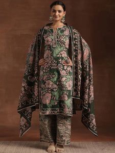 Women Green Floral Printed Gotta Patti Pure Cotton Kurta With Palazzos & Dupatta