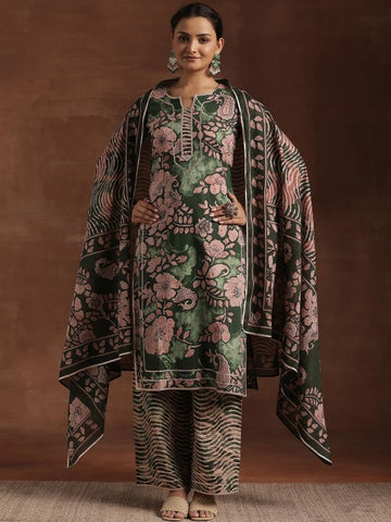 Women Green Floral Printed Gotta Patti Pure Cotton Kurta With Palazzos & Dupatta