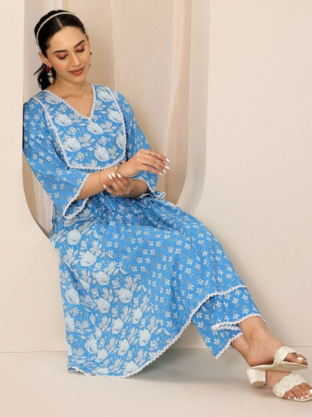 Women Floral Printed A-Line Kurta With Trouser Set VitansEthnics