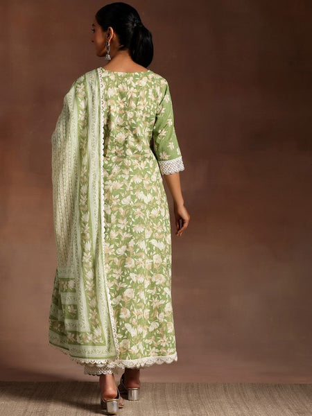 Women Floral Embroidered Thread Work Pure Cotton Kurta & Trousers With Dupatta