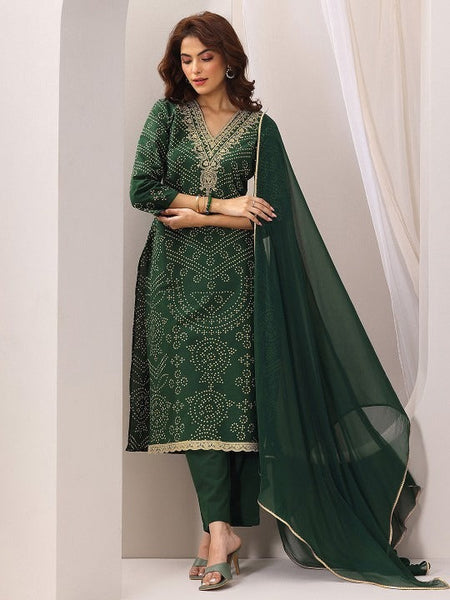 Women Bandhani Printed Thread Work Straight Kurta With Trousers & Dupatta VitansEthnics