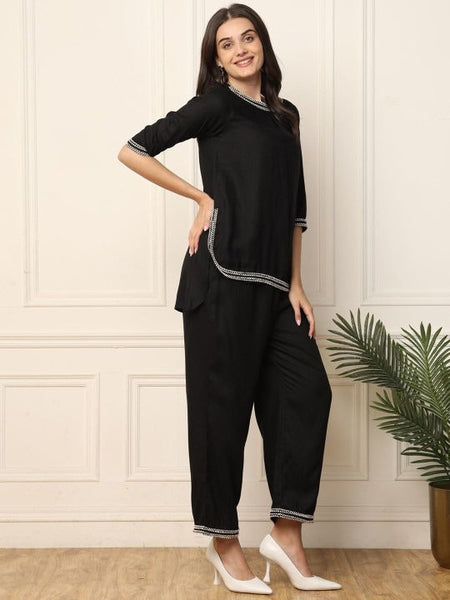 Women Round Neck High Low Top & Trousers Co-Ords Set VitansEthnics