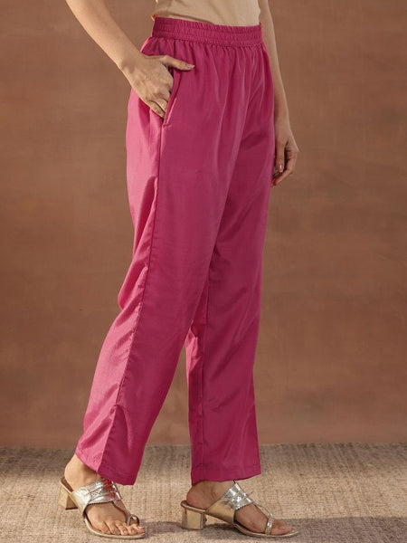 Pink Floral Embroidered Scoop Neck Sequinned Straight Kurta With Trousers & Dupatta