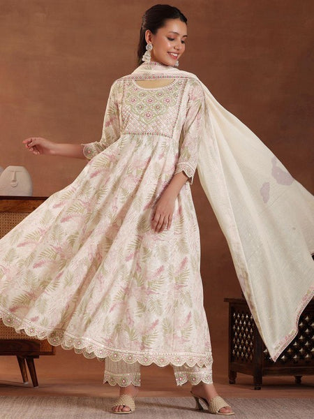 Women Floral Printed Panelled Thread Work Pure Cotton Kurta with Trousers & With Dupatta