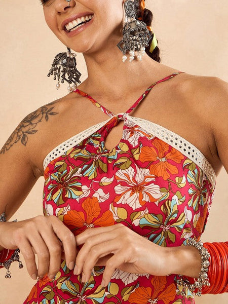 Women Floral Printed Halter Neck Top With Palazzos Set Indo-Western Outfit VitansEthnics