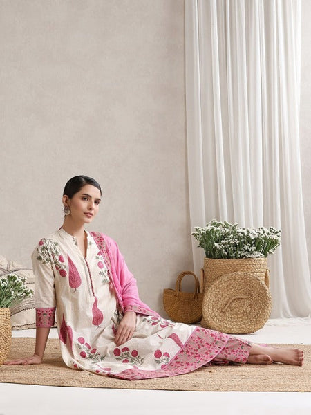 Women Floral Printed Mandarin Collar Pure Cotton Anarkali Kurta & Palazzos & Dupatta Set VitansEthnics