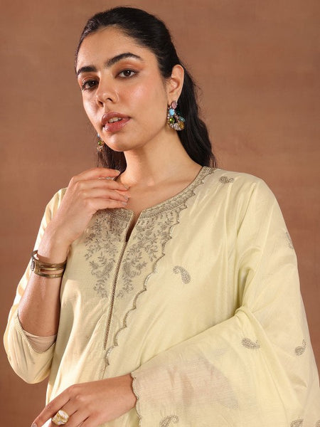Floral Woven Design Thread Work Chanderi Silk Kurta With Trouser & Dupatta
