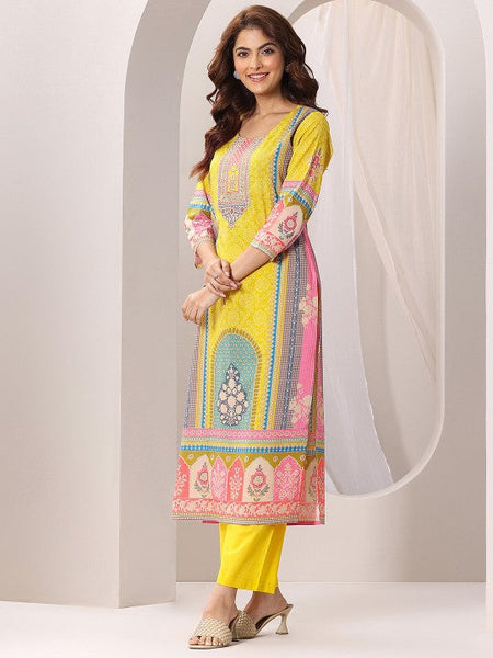 Women Yellow Ethnic Motifs Printed Round Neck Straight Kurta with Trousers & Dupatta Set VitansEthnics