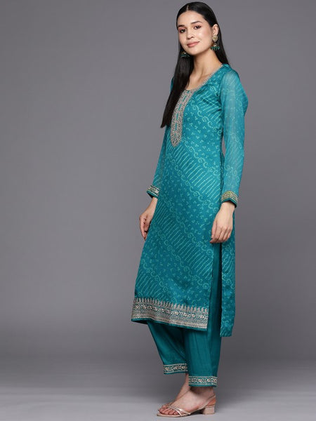 Women Turquoise Blue Bandhani Printed Kurta with Trousers & With Dupatta