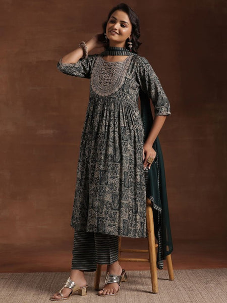 Women Ethnic Motifs Embroidered Pleated A-Line Kurta With Trouser & Dupatta