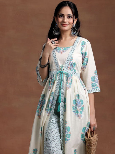 Women Square Neck Floral Printed Pleated Pure Cotton A Line Kurta with Trouser VitansEthnics