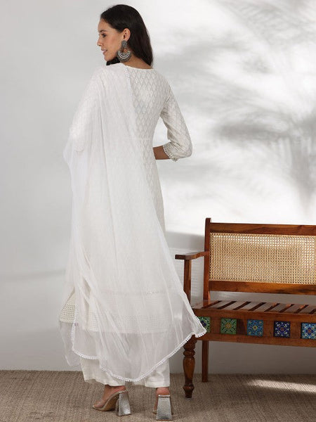 Women Embroidered Mirror Work Pure Cotton Anarkali Kurta With Palazzo & Dupatta Set VitansEthnics