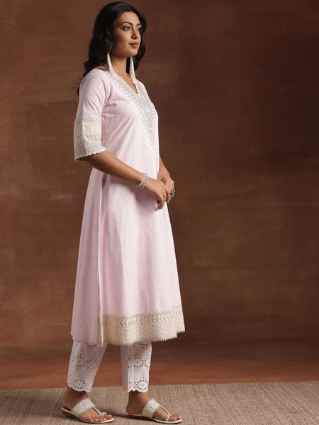 Women Pink Floral Printed Sequinned Pure Cotton Kurta with Trousers & Dupatta
