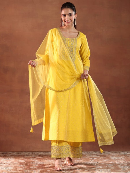 Yellow Ethnic Motifs Woven Design Chanderi Silk A-Line Kurta with Palazzo & Dupatta