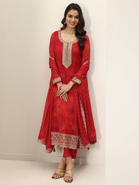 Women Embroidered Pleated Silk Chiffon Kurta with Trousers & With Dupatta Indian Suit Set VitansEthnics
