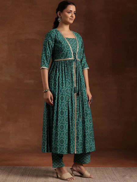 Women Bandhani Printed Pleated Gotta Patti A-Line Kurta with Trousers & Dupatta