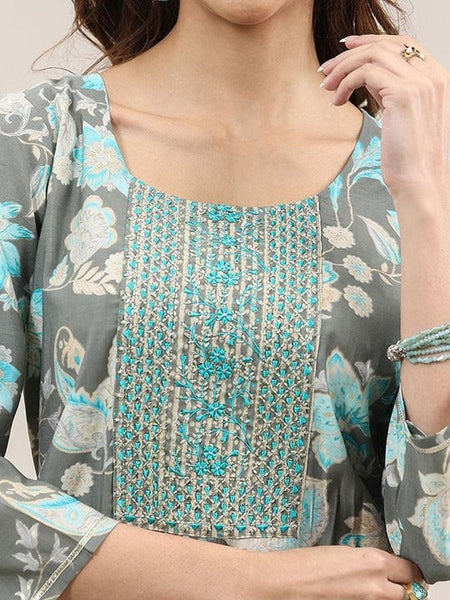 Floral Printed Thread Work Round Neck Straight Kurta With Trousers & Dupatta Set VitansEthnics