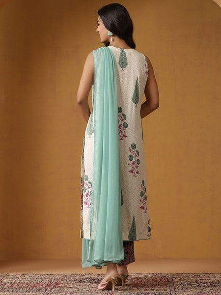 Women Floral Printed Sleeveless Pure Cotton Kurta Set With Dupatta Set VitansEthnics