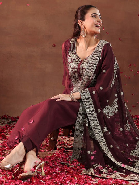 Maroon and Gold Floral Zari Yoke Design Straight Kurta with Trouser & Dupatta