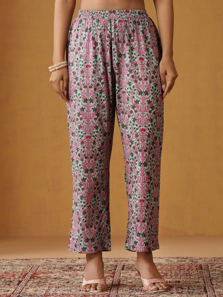 Women Floral Printed Mandarin Collar Pure Cotton A-Line Kurta With Trousers & Dupatta VitansEthnics