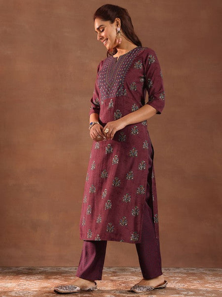 Women Floral Printed Thread Work Straight Kurta With Trousers & Dupatta Set VitansEthnics