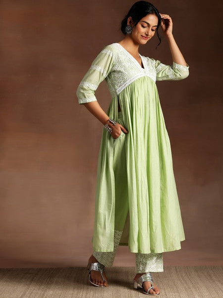 Women Ethnic Motifs High Slit Thread Work Pure Cotton Kurta with Palazzos & Dupatta Set VitansEthnics