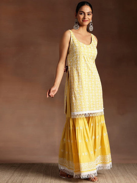 Women Ethnic Motifs Embroidered High Slit Pure Cotton Kurta & Sharara With Dupatta Set VitansEthnics