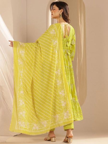 Women Floral Printed Pleated Kurta with Trousers & With Dupatta Set VitansEthnics
