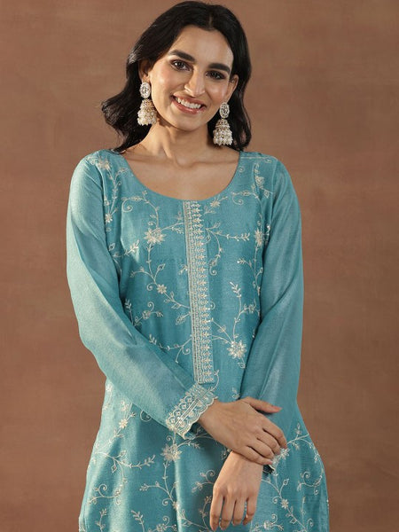 Blue Floral Embroidered Scoop Neck Sequinned Straight Kurta With Trousers & Dupatta