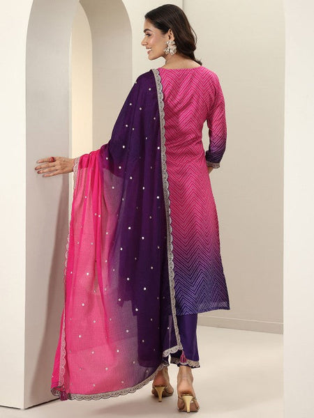 Women Bandhani Printed Regular Zari Work Kurta with Trousers & Dupatta Indian Suit Set VitansEthnics