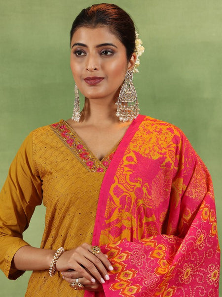 Mustrad Yellow Floral Embroidered Schiffli Cotton Kurta With Trousers & Dupatta