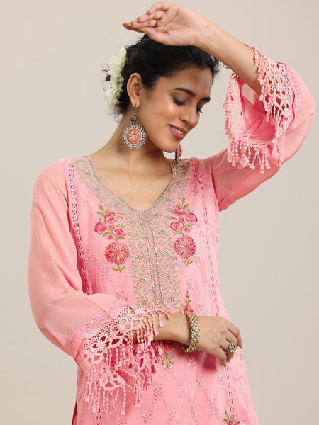 Women Floral Embroidered Panelled Kurta With Trousers & Dupatta Set