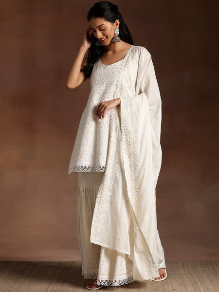 Women Ethnic Motifs Embroidered Thread Work Pure Cotton Kurta With Sharara & Dupatta Set VitansEthnics
