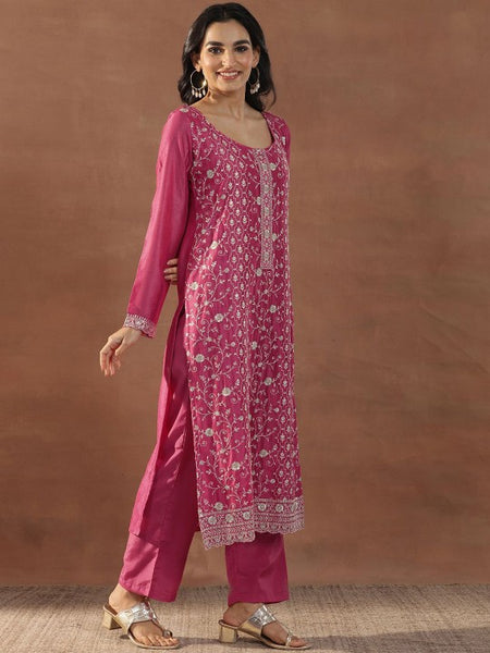 Pink Floral Embroidered Scoop Neck Sequinned Straight Kurta With Trousers & Dupatta
