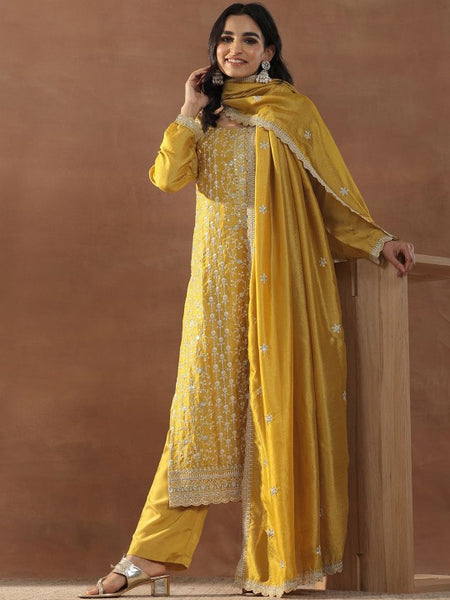 Mustard Yellow Floral Embroidered Sequinned Straight Kurta With Trousers & Dupatta