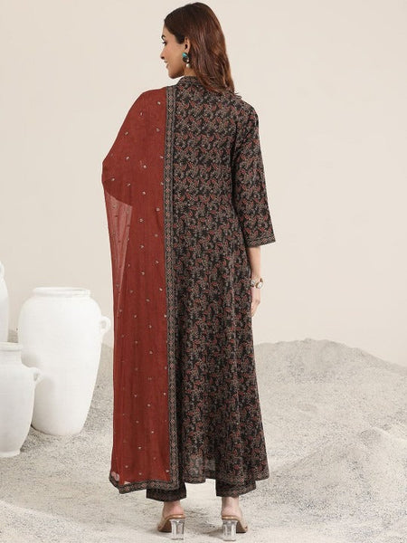 Women Floral Printed V-Neck A-LIne Kurta With Trousers And Dupatta Set VitansEthnics