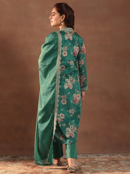 Women Floral Printed V-Neck Thread Work Silk Kurta With Trousers & Dupatta