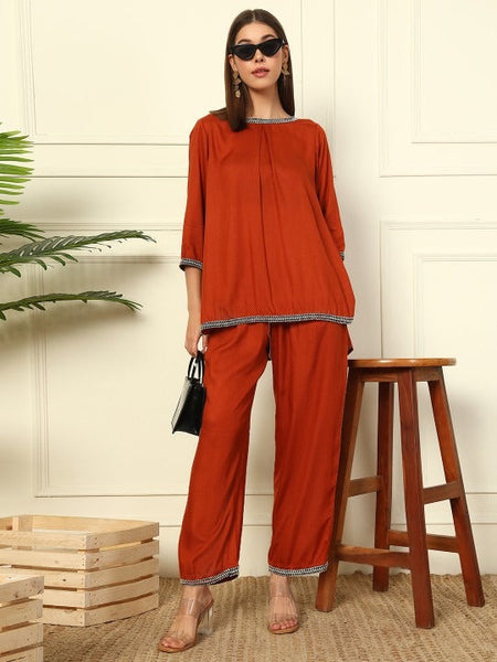 Women Embroidered Boat Neck Pure Cotton Tunic With Trousers Co-Ords Set VitansEthnics