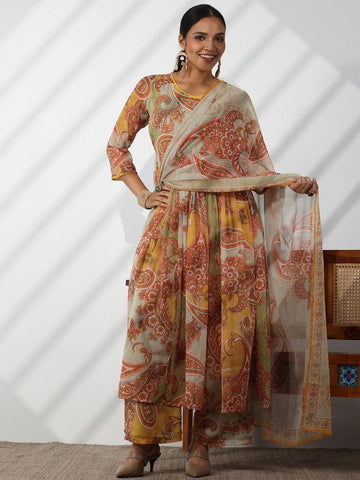Women Ethnic Motifs Printed V-Neck Beads and Stones A-Line Kurta With Palazzos & Dupatta Set VitansEthnics