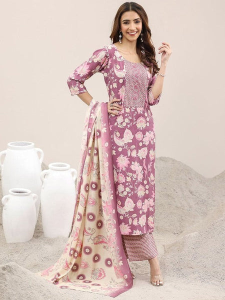 Floral Printed Thread Work Straight Kurta With Trousers & Dupatta Set VitansEthnics