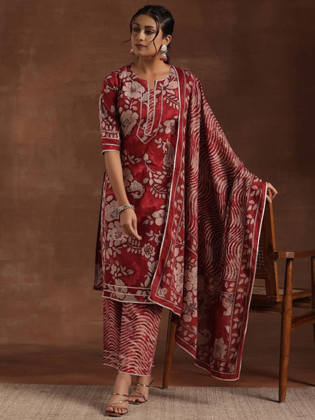 Women Floral Printed Gotta Patti Pure Cotton Straight Kurta With Palazzo & Dupatta
