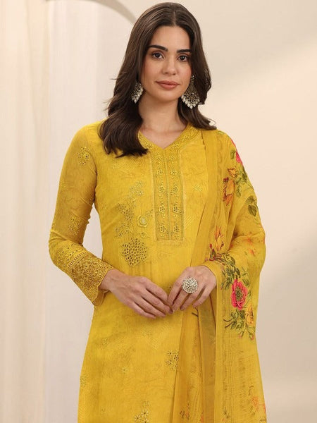Floral Embroidered V-Neck Schiffli Straight Kurta With Trousers & Dupatta Set VitansEthnics