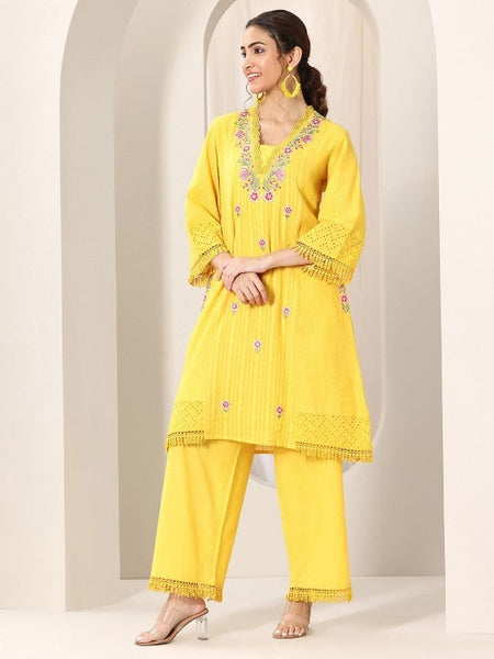 Women Floral Embroidered Square Neck Panelled Mirror Work Kurta With Palazzo & Dupatta Set VitansEthnics