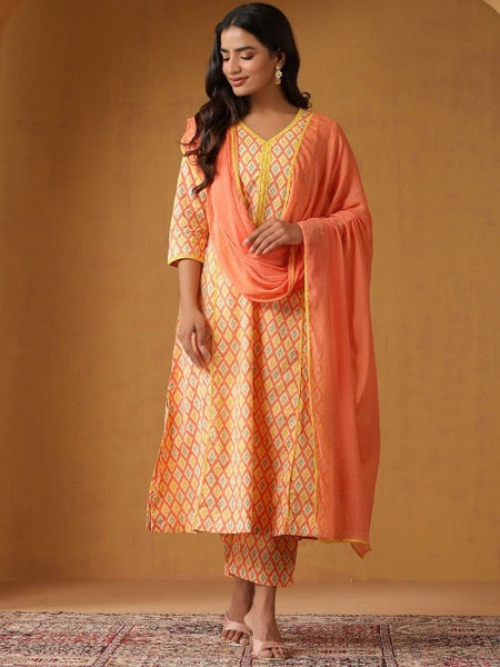 Women Geometric Printed Pure Cotton Straight Kurta With Palazzo And Dupatta Set VitansEthnics