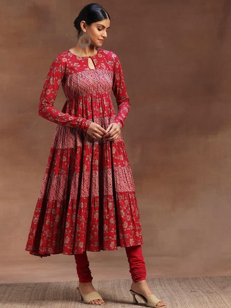 Women Floral Printed Empire Keyhole Neck Anarkali Kurta With Churidar And Dupatta VitansEthnics