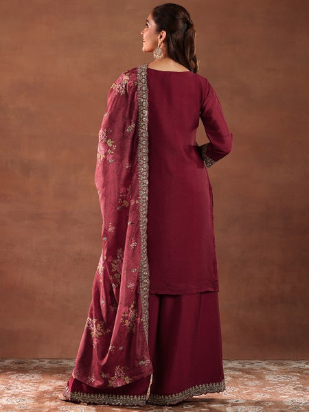 Women Floral Embroidered Sequinned Straight Kurta with Palazzos & Dupatta
