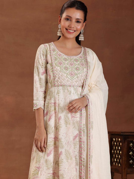 Women Floral Printed Panelled Thread Work Pure Cotton Kurta with Trousers & With Dupatta