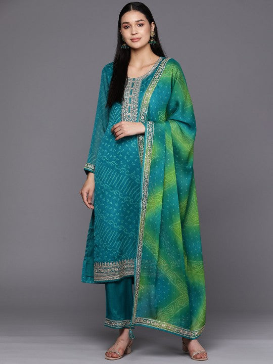 Women Turquoise Blue Bandhani Printed Kurta with Trousers & With Dupatta