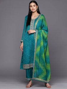 Women Turquoise Blue Bandhani Printed Kurta with Trousers & With Dupatta