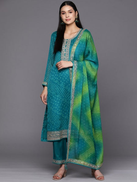 Women Turquoise Blue Bandhani Printed Kurta with Trousers & With Dupatta